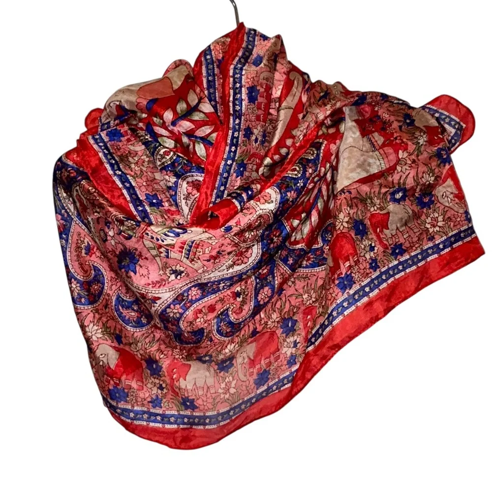 India Silk red blue elephants print ethnic Indian wear scarf
